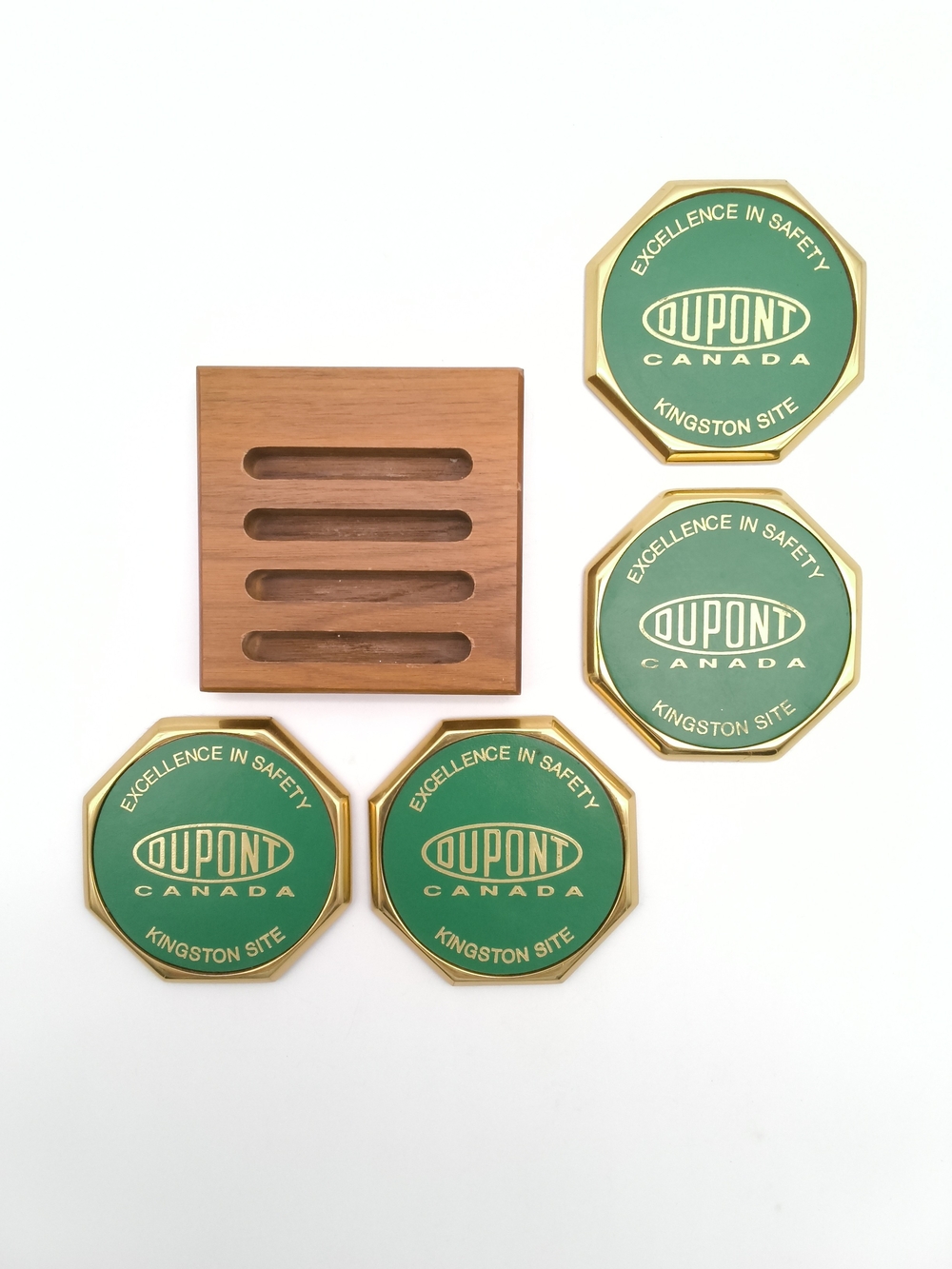 Vintage DuPont Canada Brass & Green Coaster Set with Wood Base – Kingston Site - Picture 7 of 10
